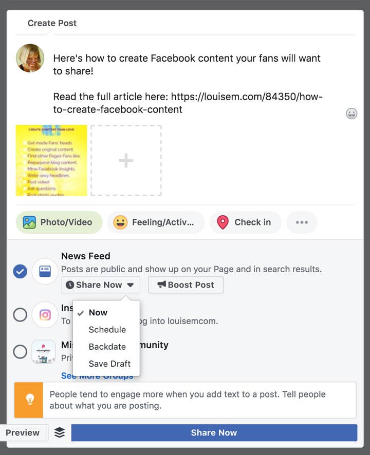 create facebook post screenshot of scheduler