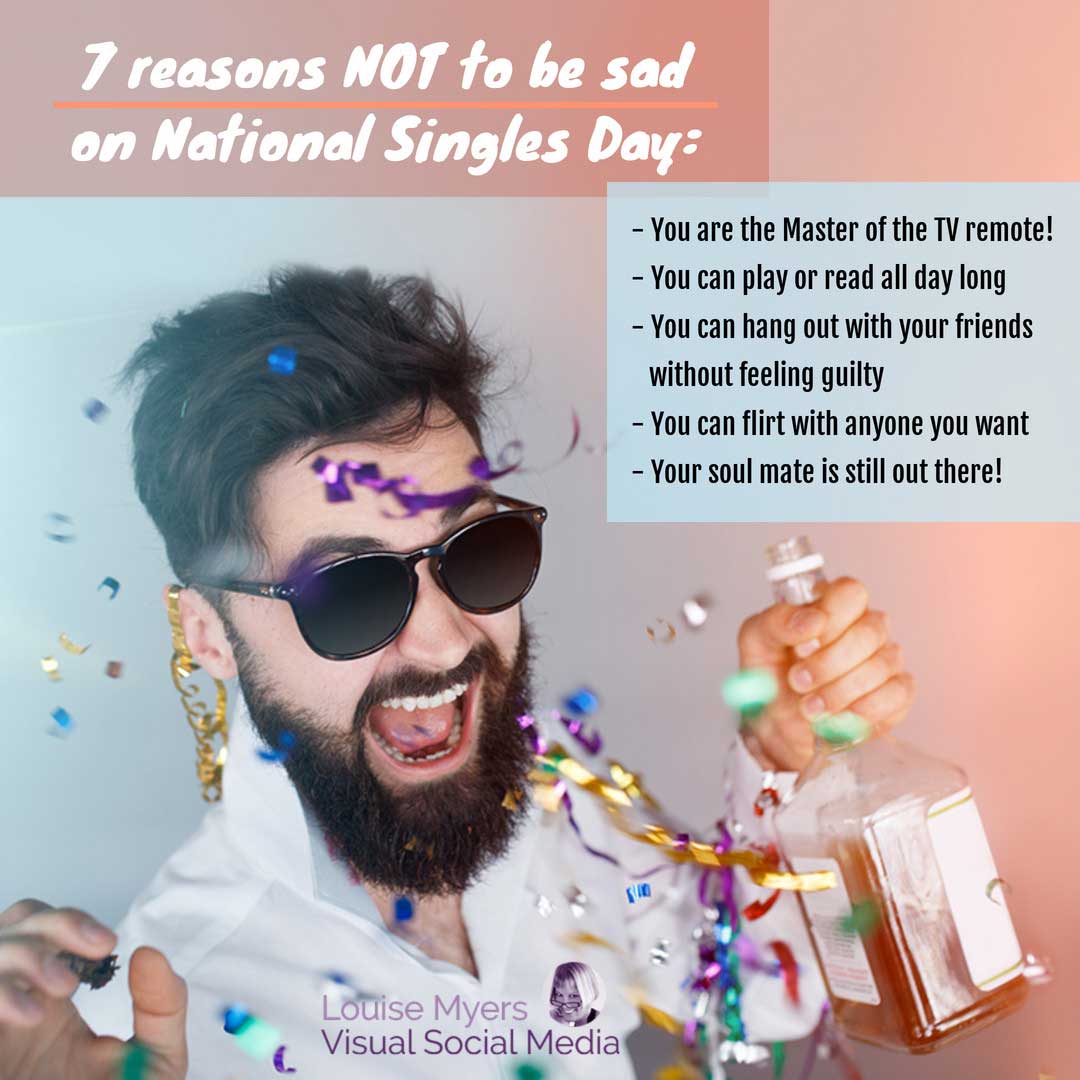 bearded man in sunglasses and bottle of booze has reasons to celebrate national singles day.