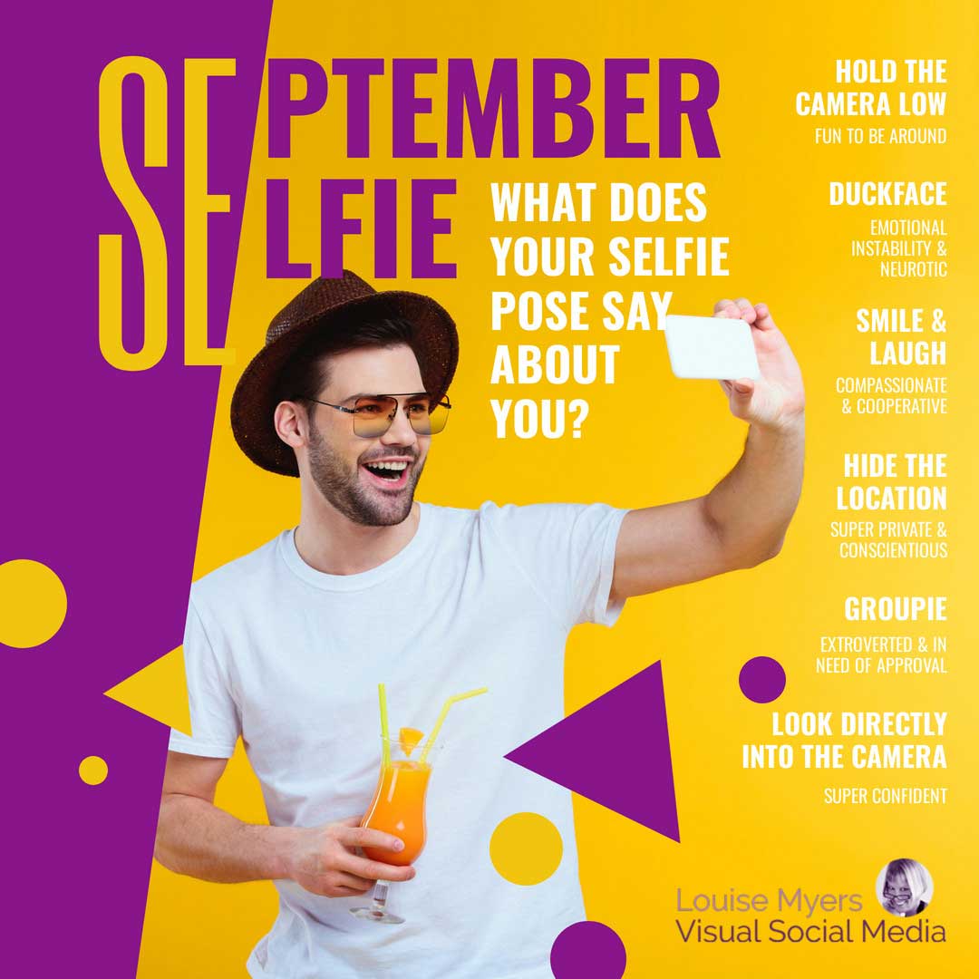 bright purple and yellow graphic of man taking his photo has selfie quiz.