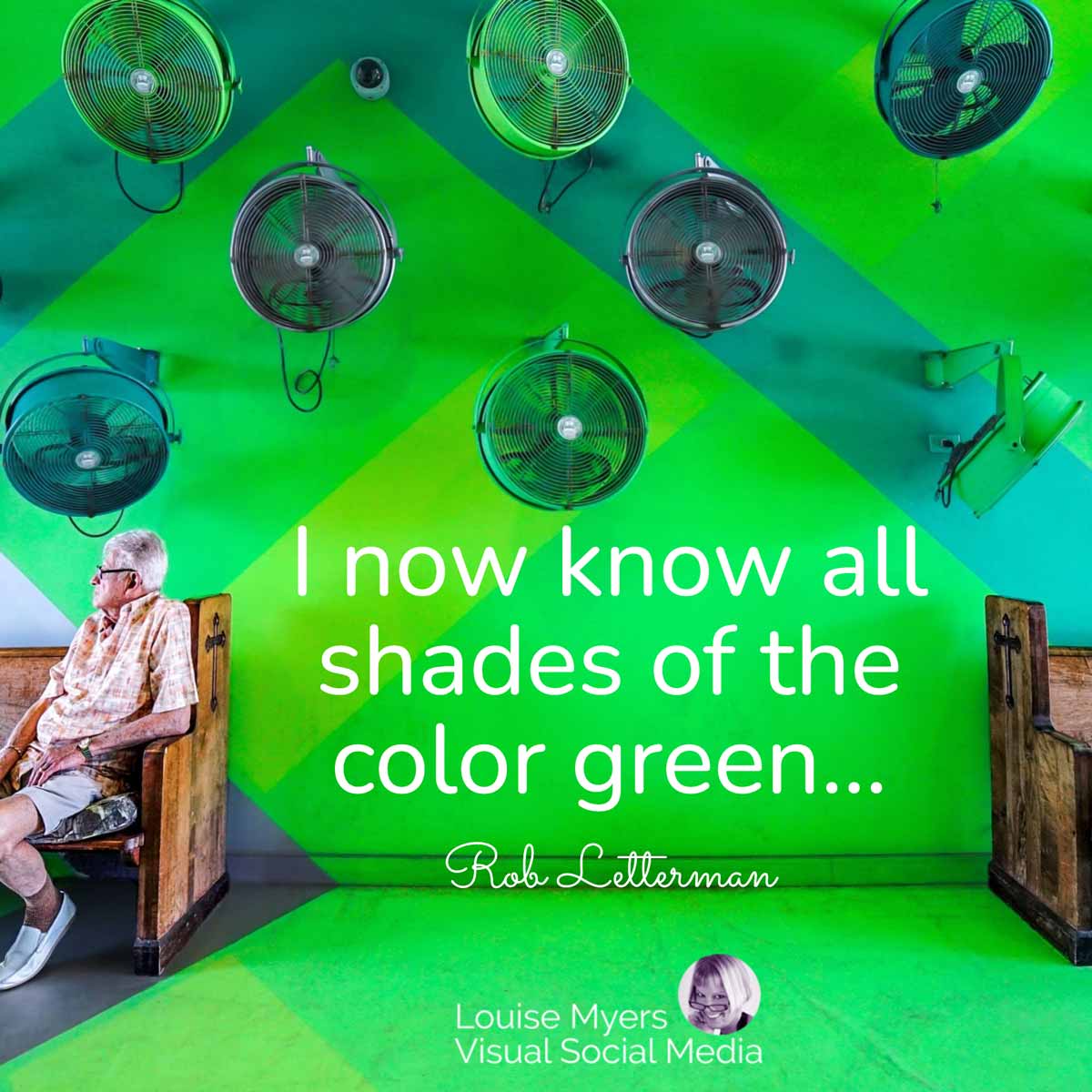 old guy sits in front of wall of fans in various greens wit saying, I now know all shades of the color green.