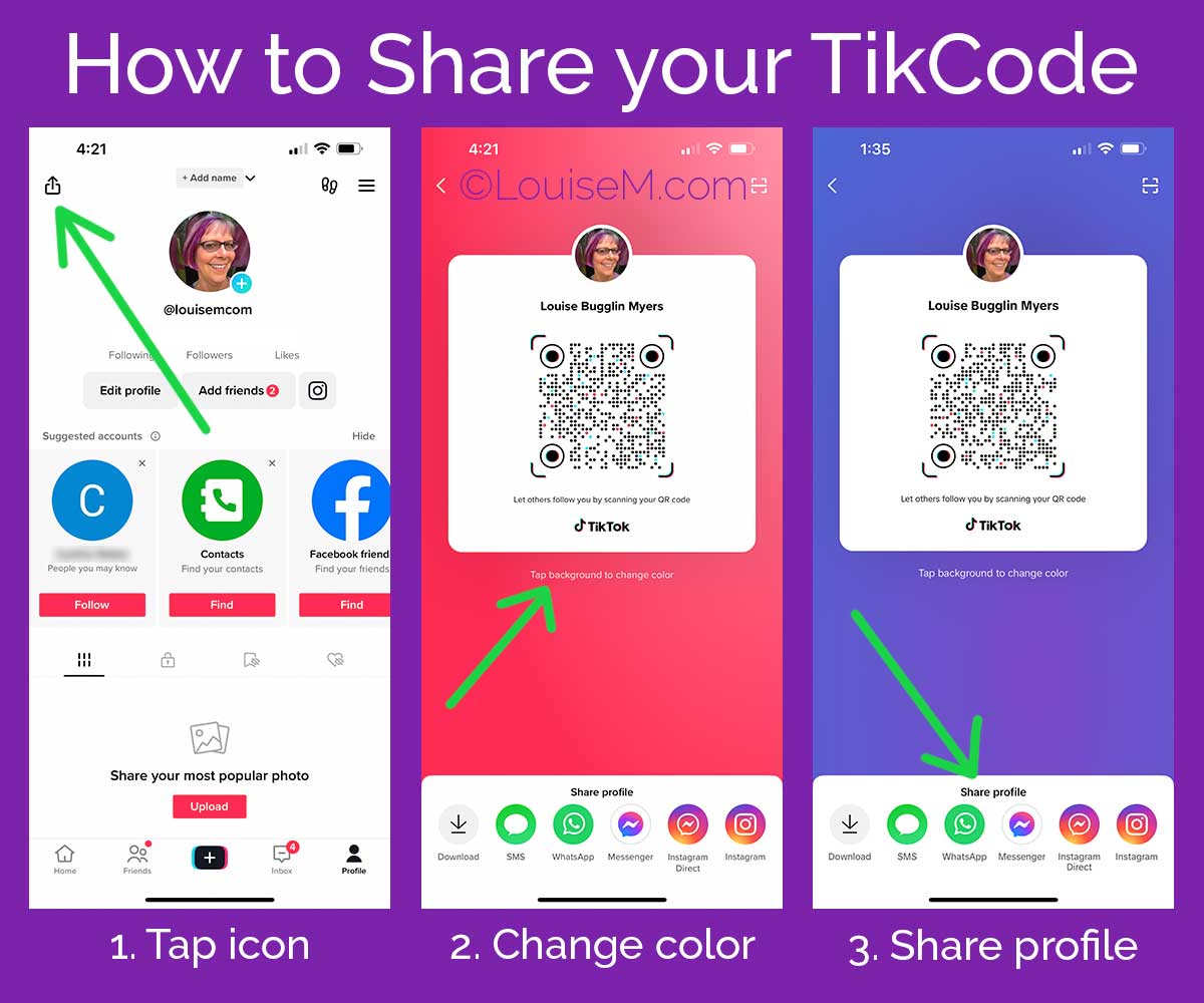 3 screenshots show easy way to share your tikcode qr code.