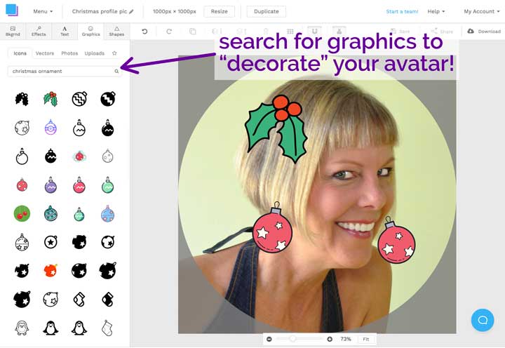 screenshot of creating christmas themed profile picture in snappa design tool.