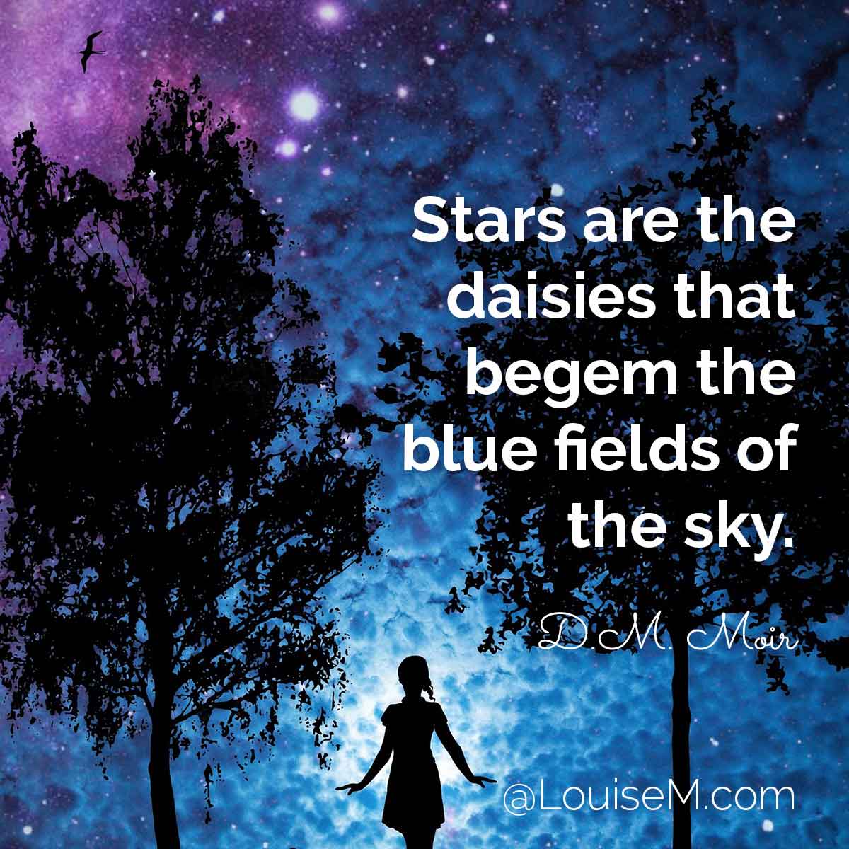 silhouette of trees and girl against starry sky with saying, Stars are the daisies that begem the blue fields of the sky.