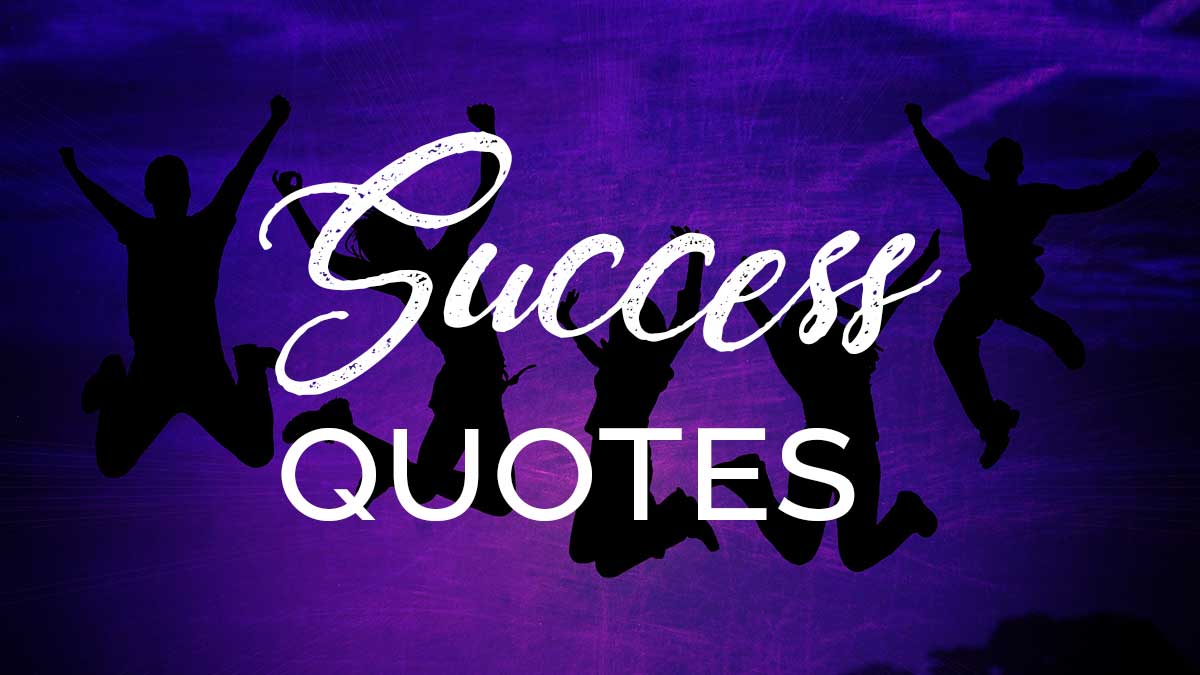 black silhouettes of people jumping over dark purple background with text success quotes.