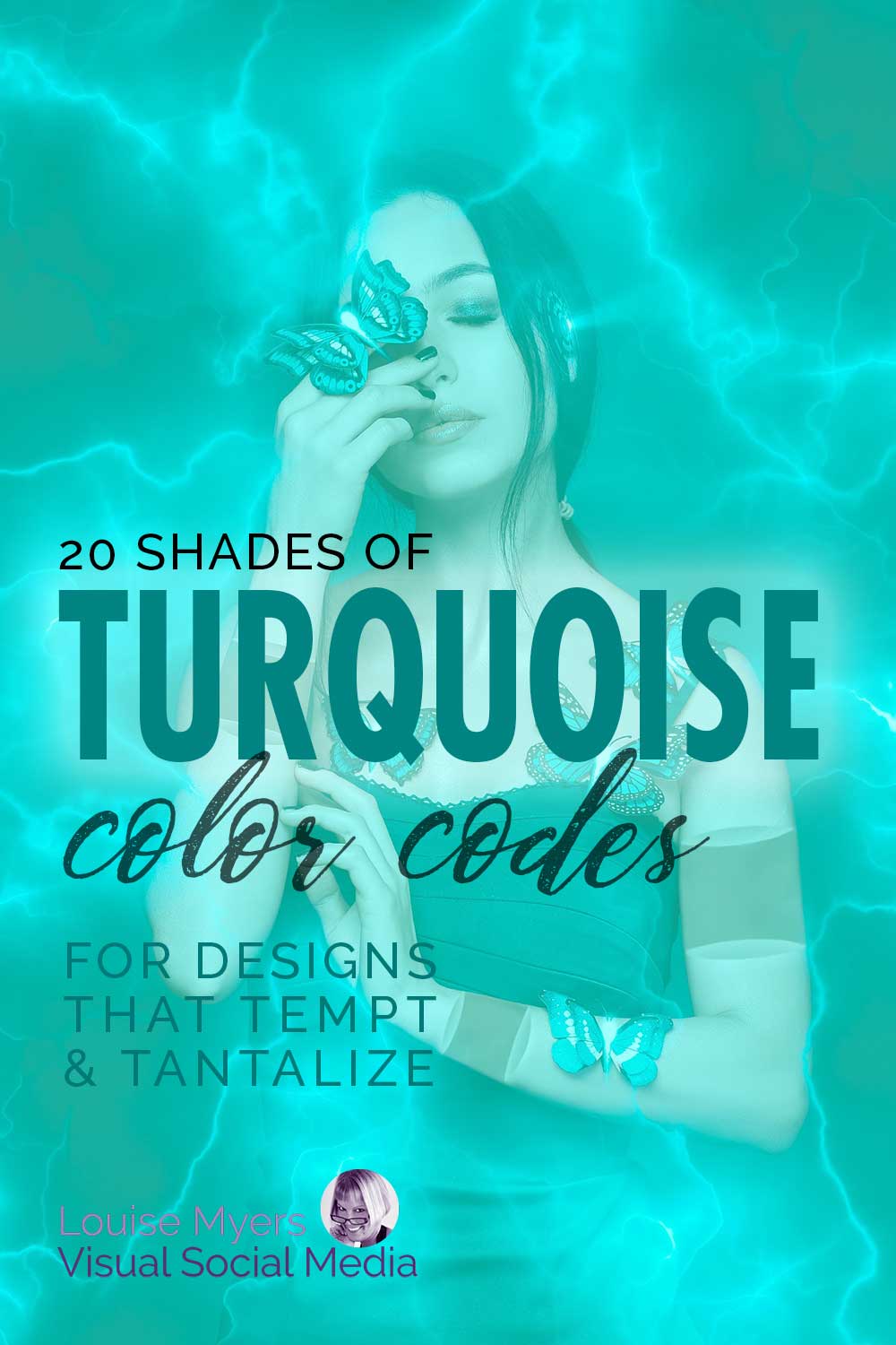 beautiful woman in a pool of turquoise with butterflies says color codes for tantalizing designs.