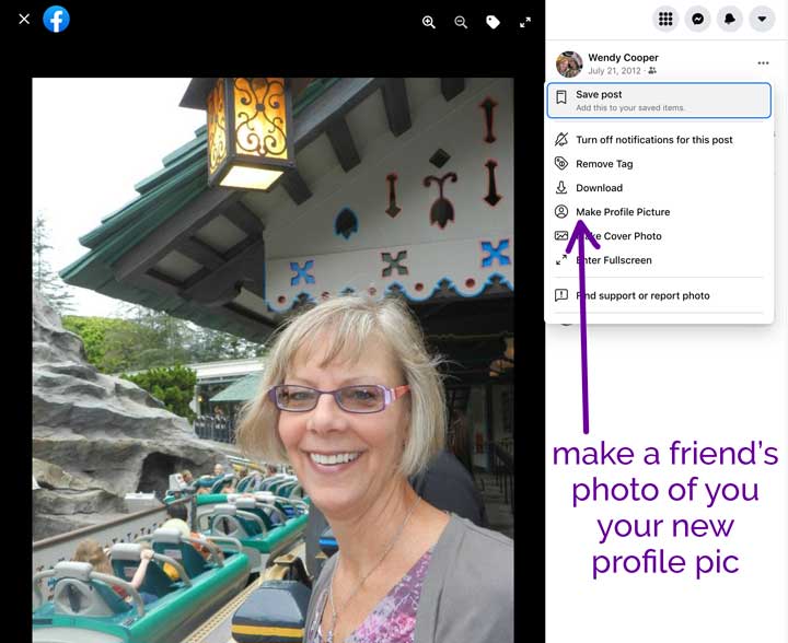 screenshot of how to use friends photo as your Facebook profile picture.