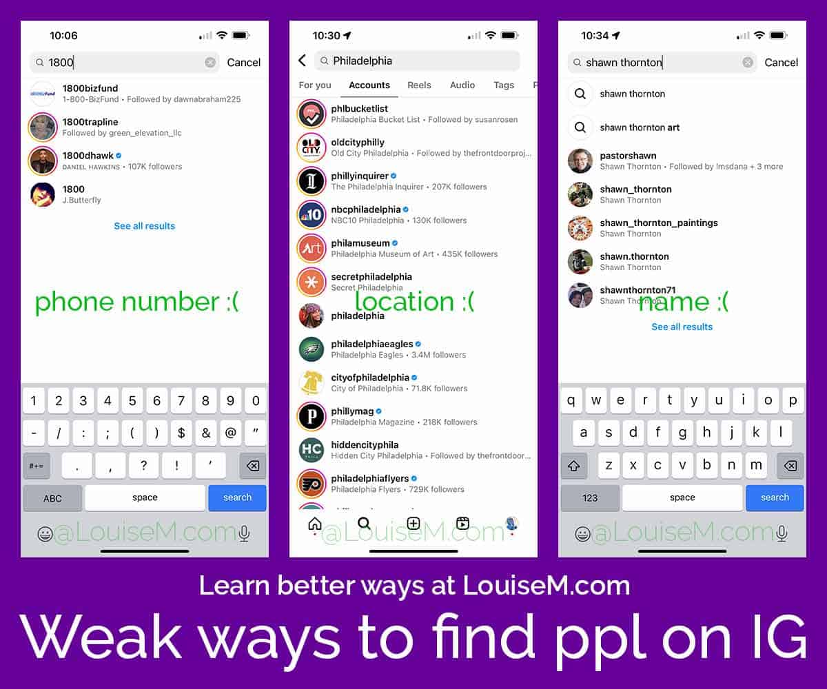 screenshot shows common ways to find people on instagram.