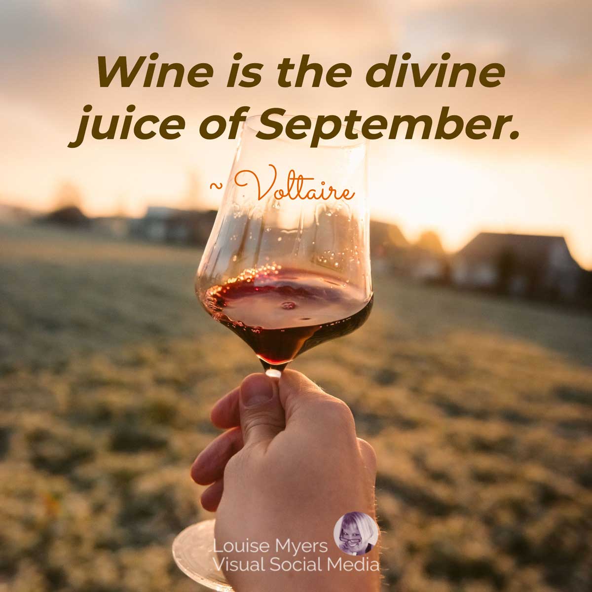 glass of wine held over fall scene has quote, Wine is the divine juice of September.