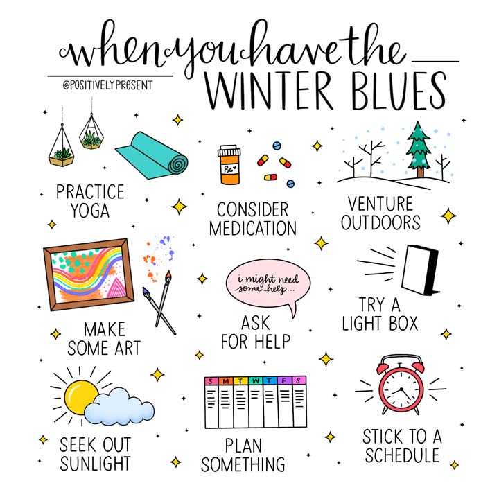 winter blues remedies illustrations.