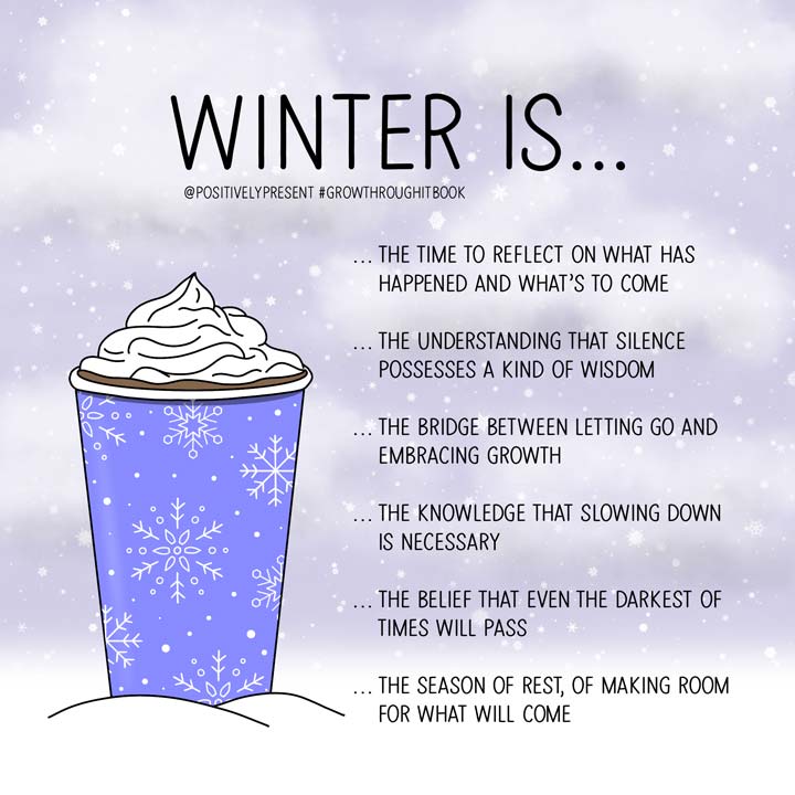 winter is quotes with coffee in snow.