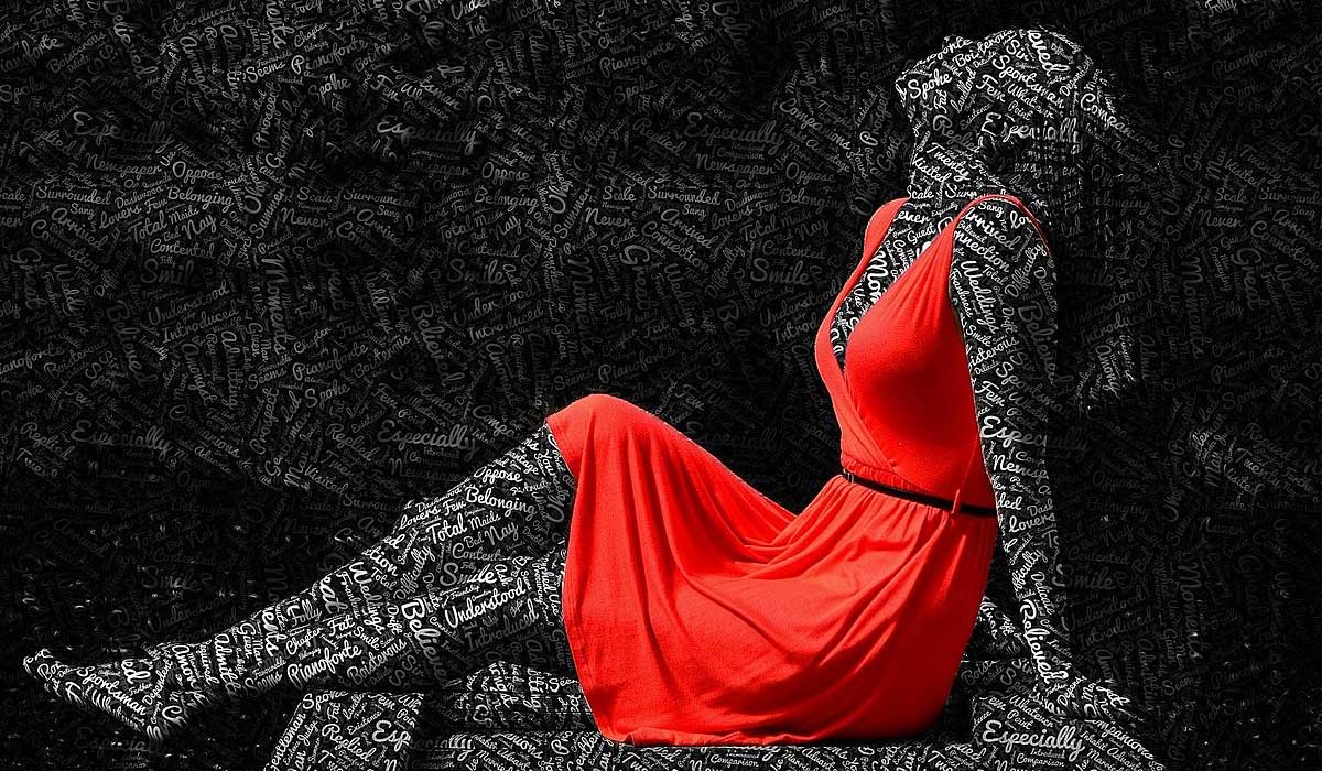 woman wearing red dress is covered in white words on black.