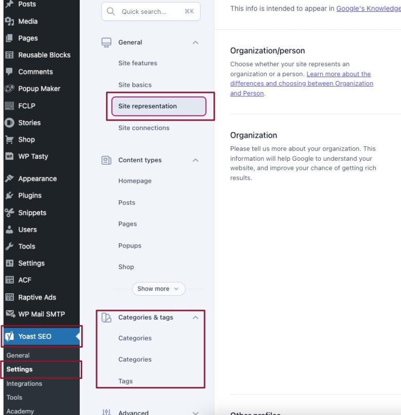 A screen capture of WordPress’ back-end demonstrating how to navigate to Yoast SEO, site representation, and categories & tags tabs.