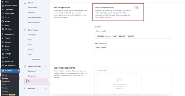 A screen capture of WordPress’ back-end demonstrating how to navigate to Yoast SEO tag indexing. 