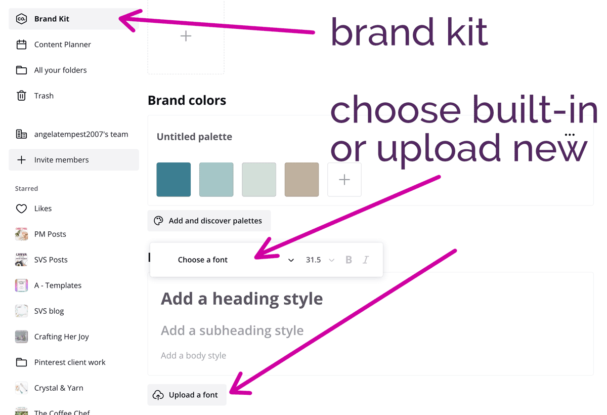 Brand fonts section in Canva pro.