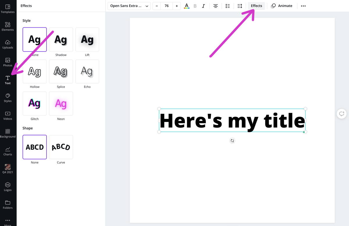 screenshot showing where to find text effects in canva.