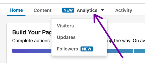 LinkedIn Company Page analytics dropdown.