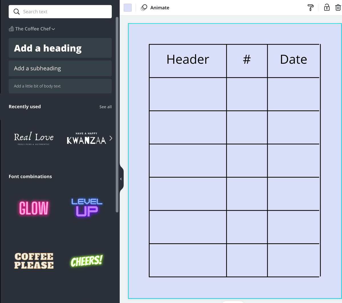 screenshot shows completed table made of lines in canva.