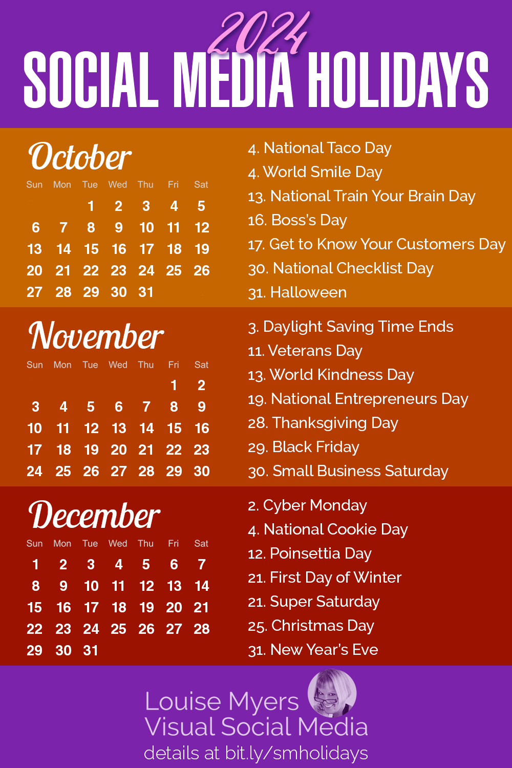 calendar graphic shows social media holidays for autumn 2024 in october, november, december.