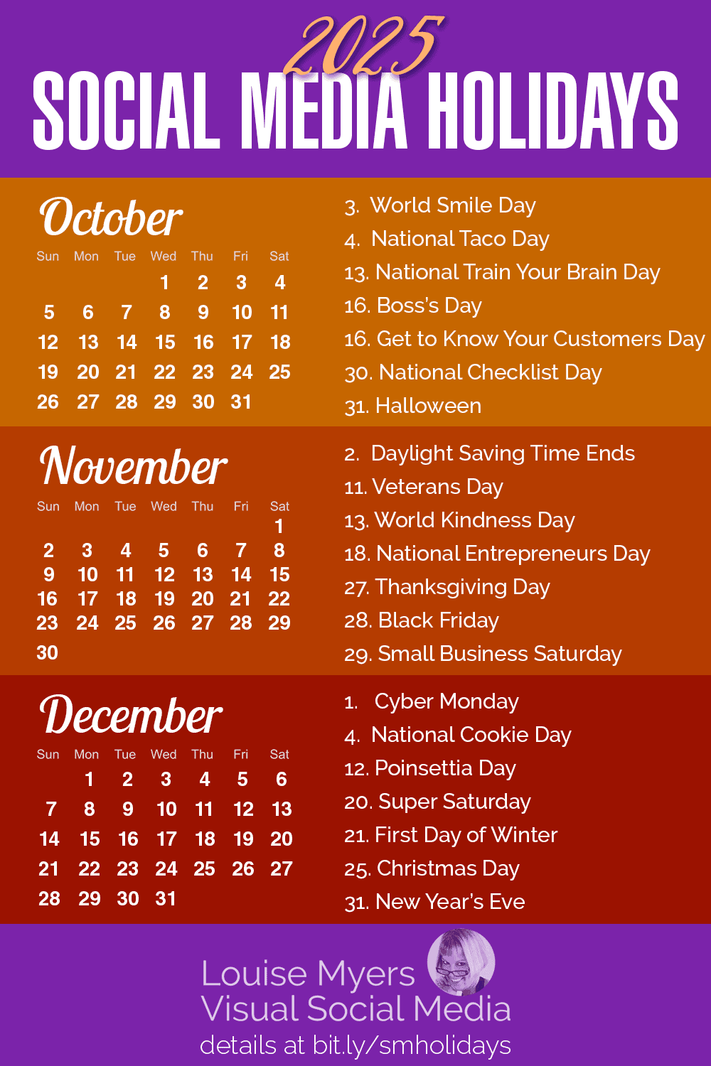 october, november and december 2025 calendars with top holidays listed.