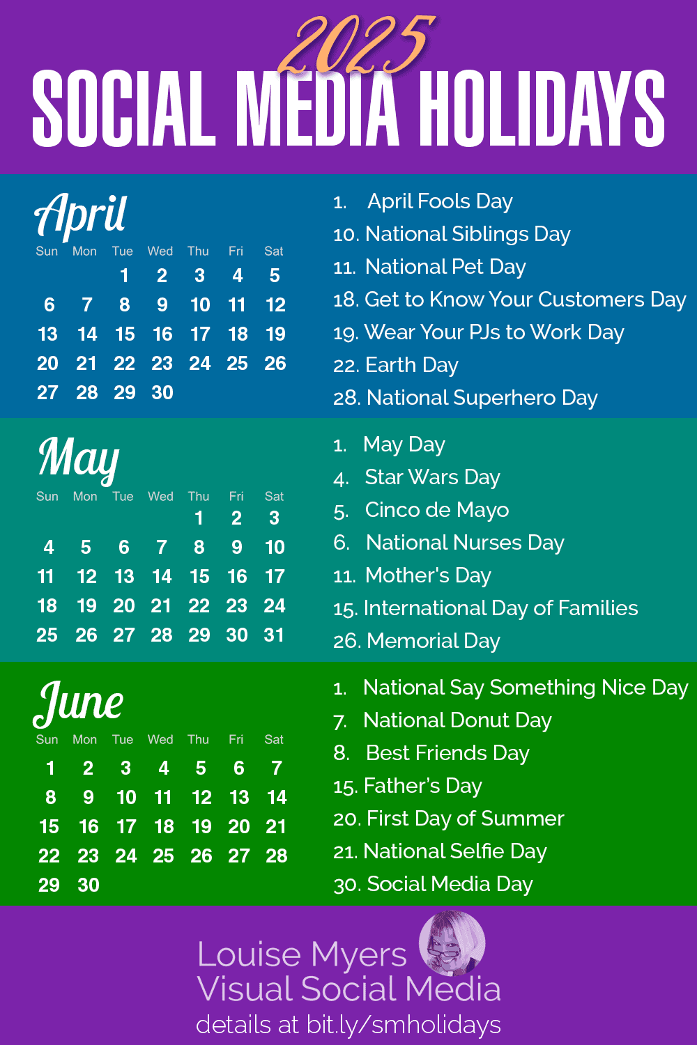 april, may and june 2025 calendars with top holidays listed.