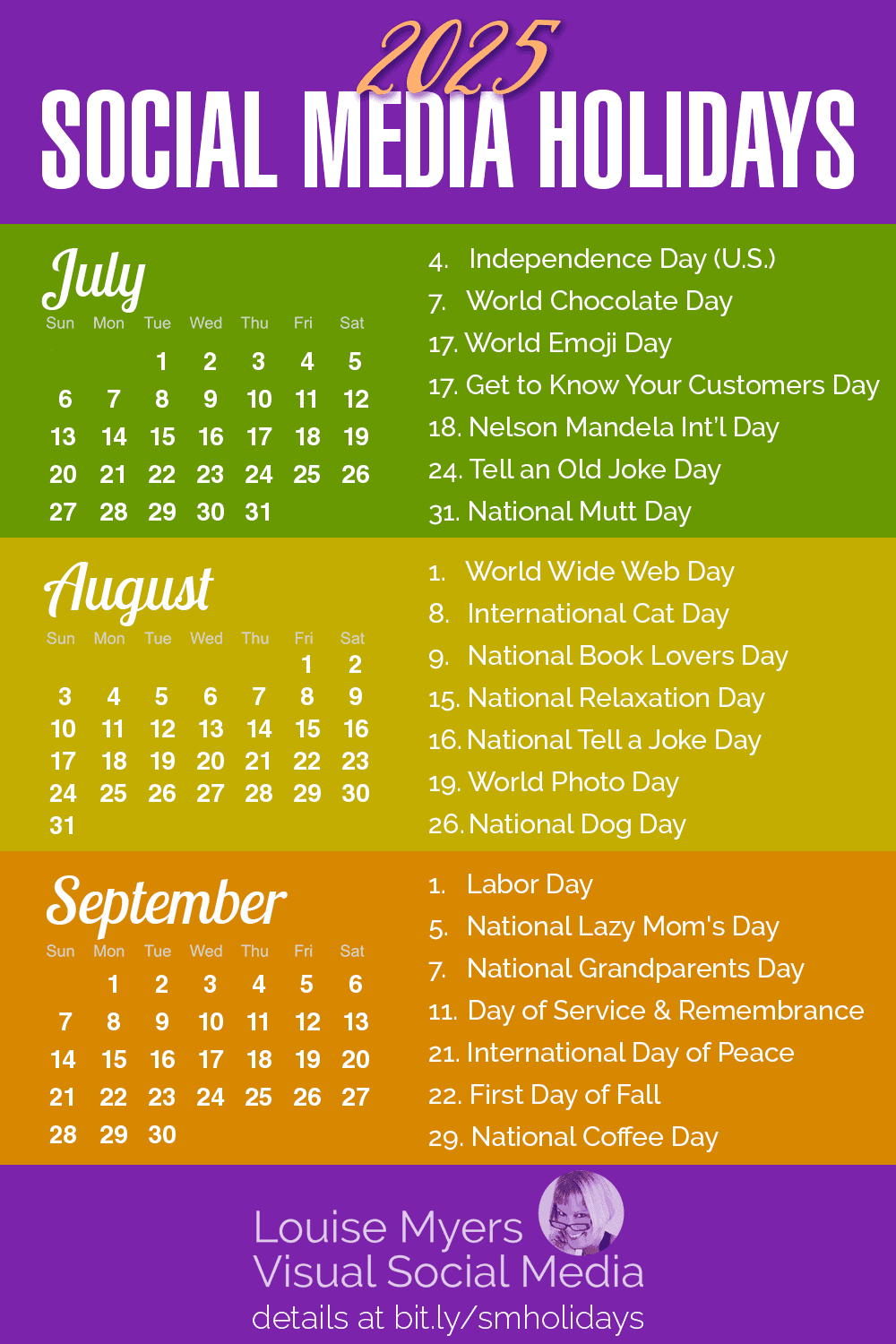 july, august and september 2025 calendars with top holidays listed.