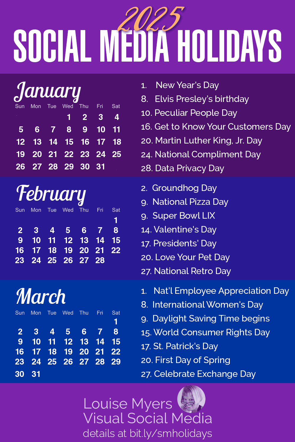 january, february, and march 2025 calendars with top holidays listed.