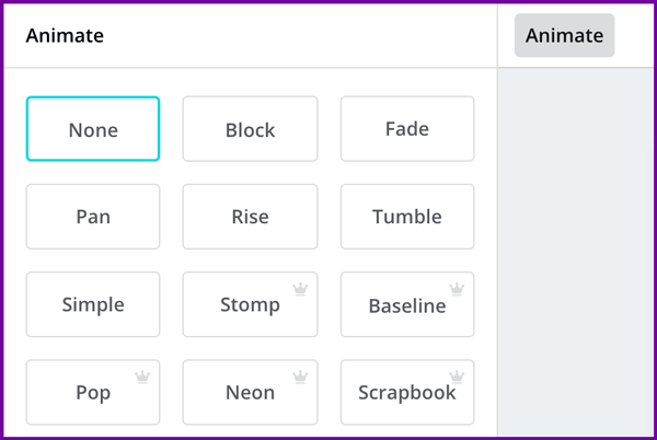 Canva animation choices