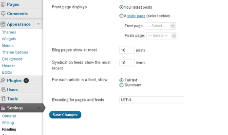 Reading Tab: this is where you select how you want your content to display. You want to decide if your blog is more of a static website than a general blog where the latest post will appear first.