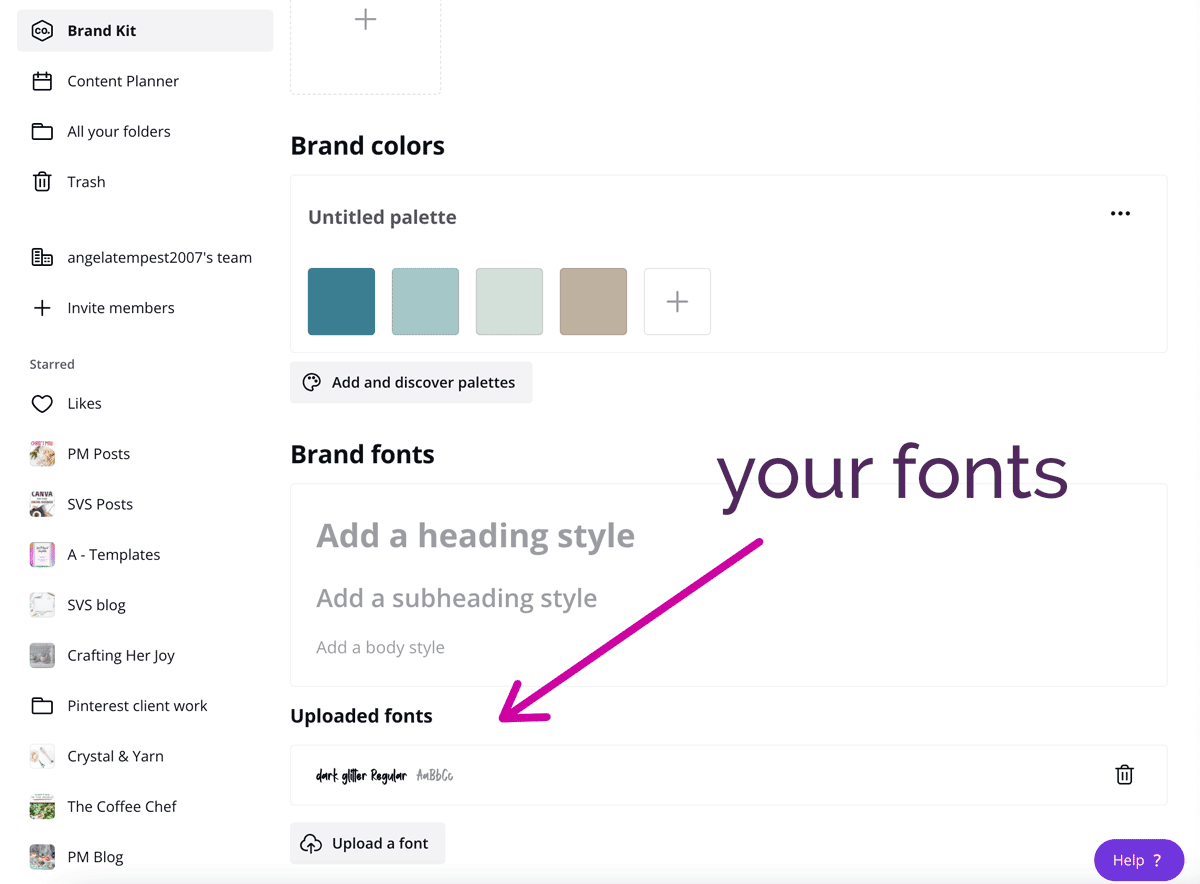 screenshot showing font under the uploaded fonts area in the brand kit.