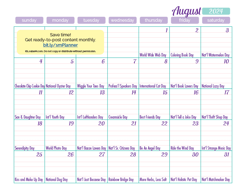 august 2024 calendar page with daily social media holiday marketing ideas.