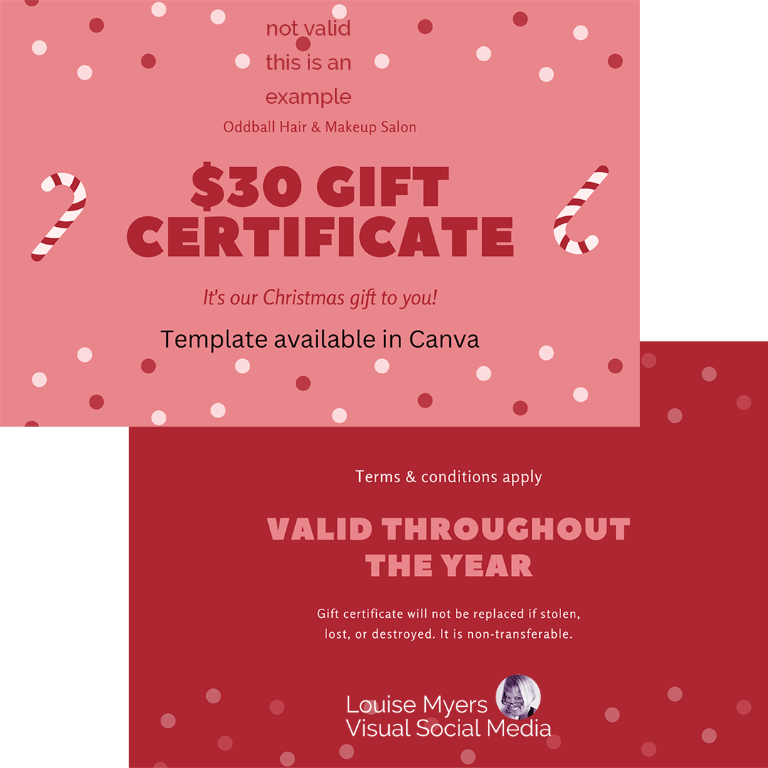 rose and red gift certificate example with candy cane art .