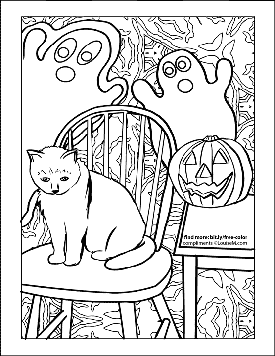 cat on chair with ghosts behind halloween coloring page.