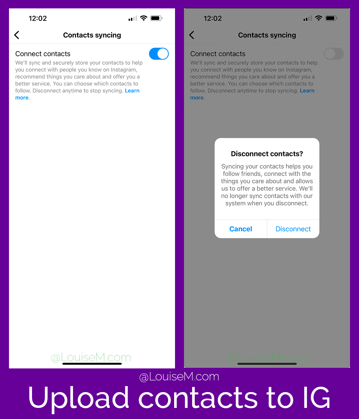 screenshots show where to connect or diconnect contact syncing.