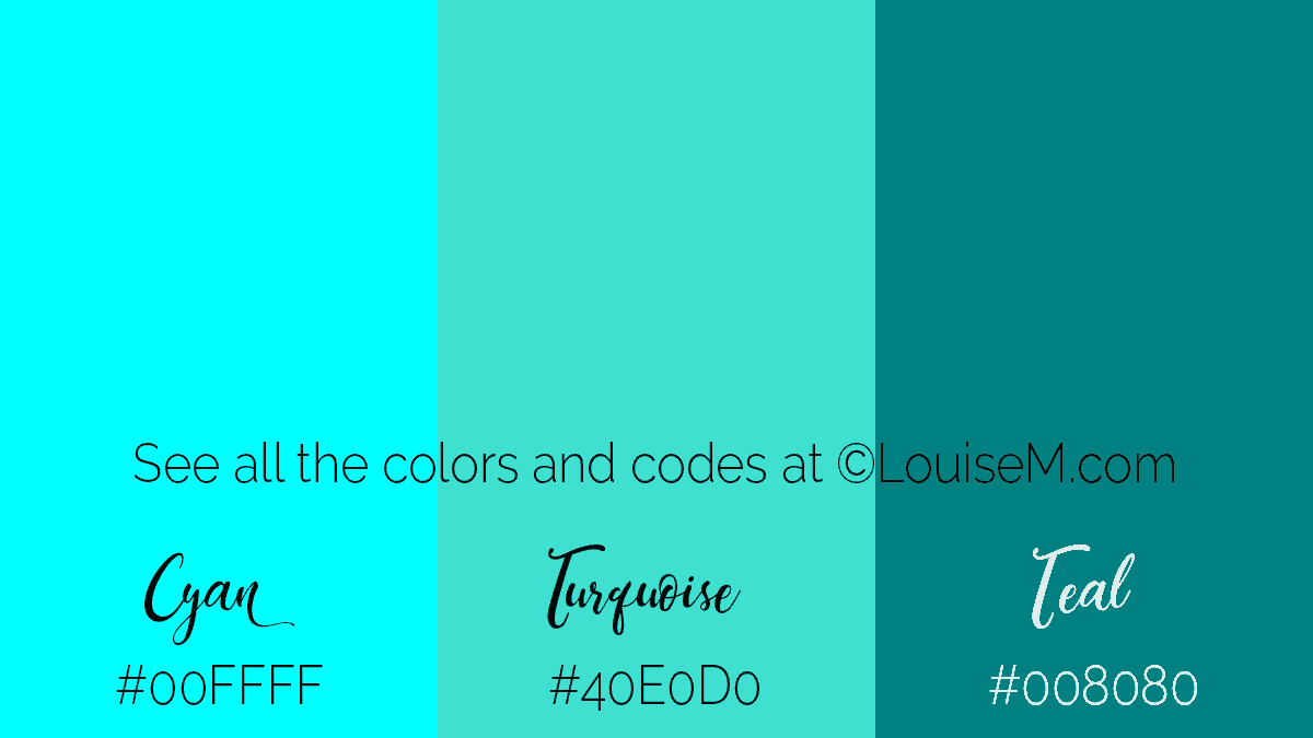 3 color swatches with names and hex codes show Cyan is closer to Turquoise than to Teal.