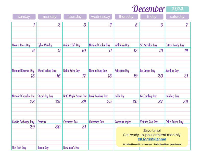 december 2024 calendar page with daily social media holiday marketing ideas.