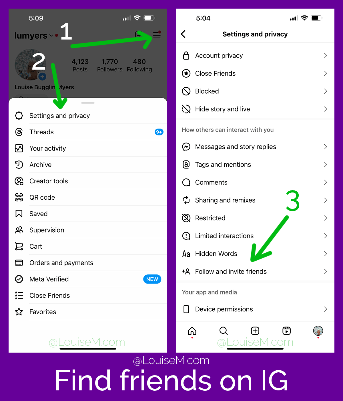 how to upload contacts in instagrams, steps one through three.