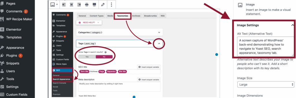 A screenshot of the back-end of Foodie Digital's WordPress site, showing where to fill-in the alt text field