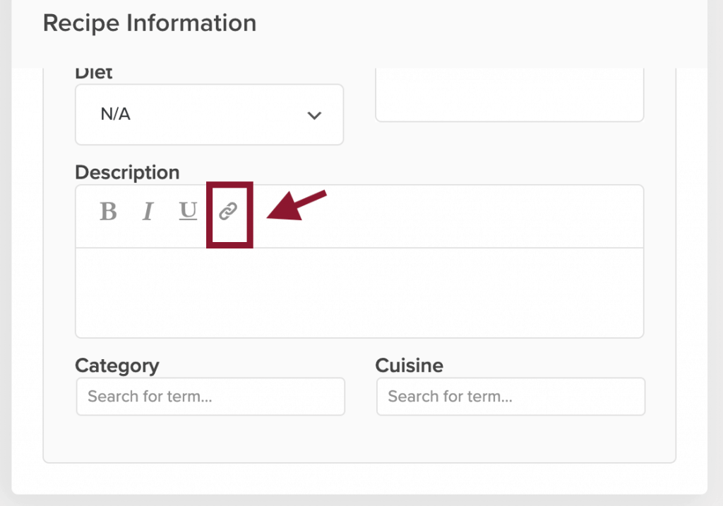 Screengrab of inside Create by Mediavine showing where to add a link in the description field