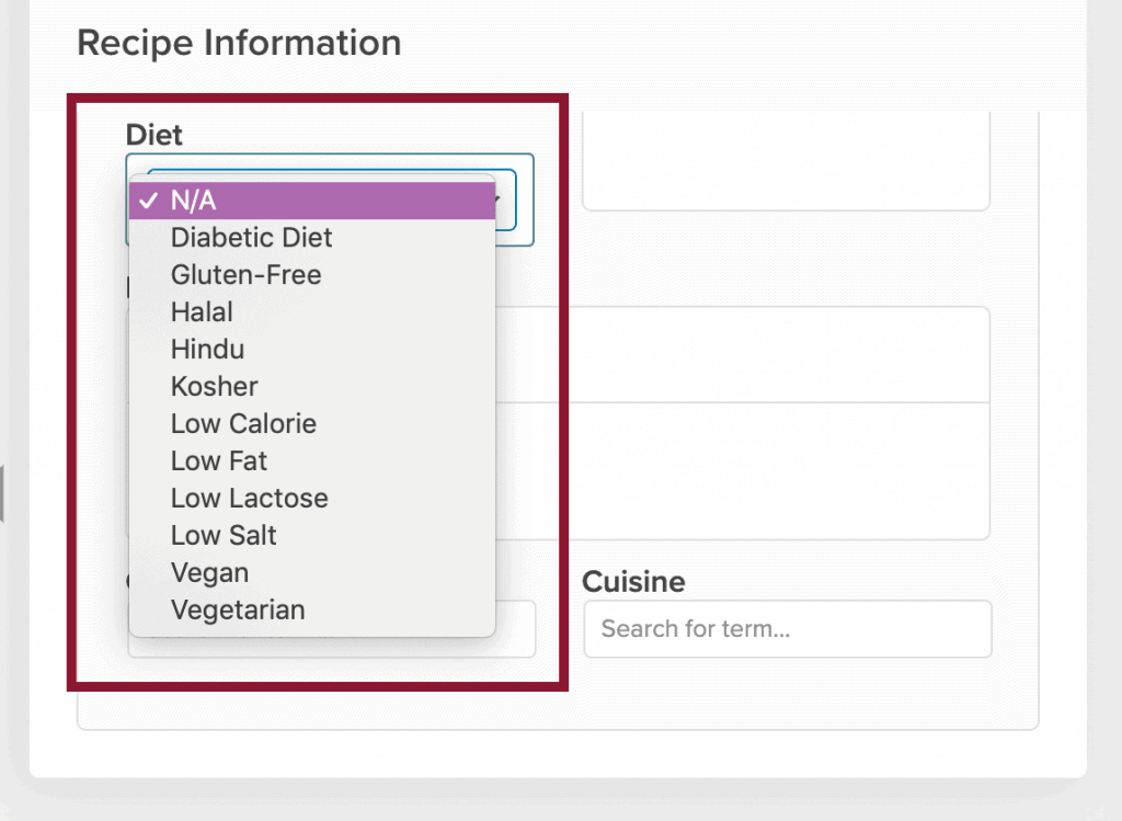 Screengrab of the inside of Create by mediavine the plugin showing where to specify diet meta data in a recipe card