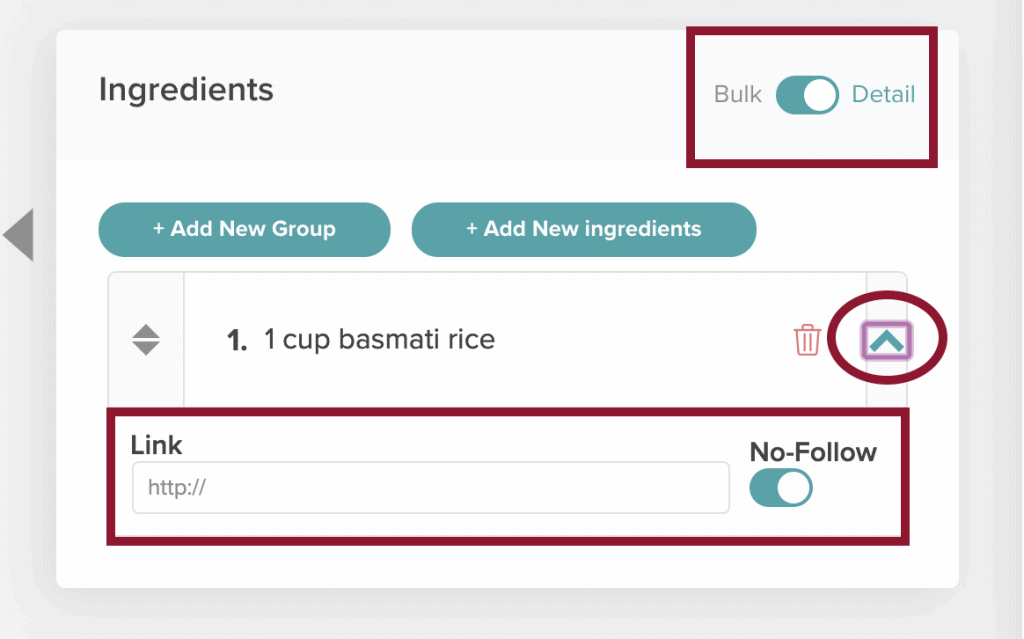 Screenshot of Create by Mediavine plugin showing where to add nofollow tag in the ingredients list