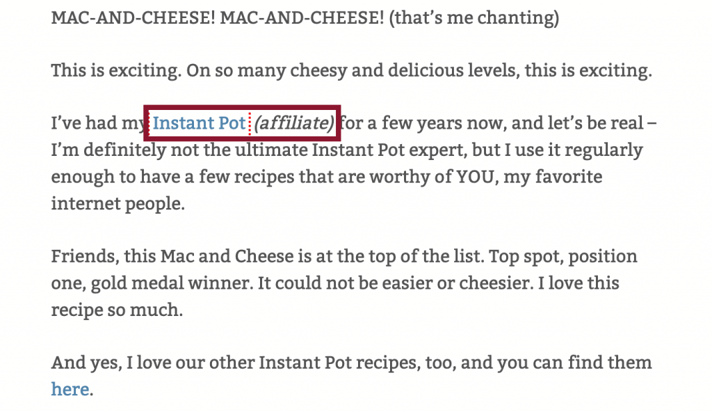 Screenshot of affiliate link notice from Pinch of Yum, the food blog
