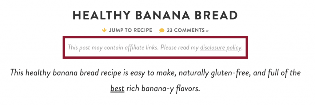 Screenshot of affiliate link notice from Gimme Some Oven, the food blog