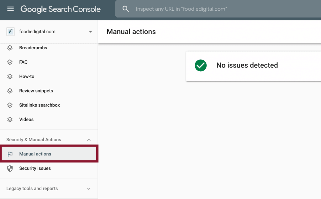 Screenshot of Foodie Digital's search console account showing where to find manual actions