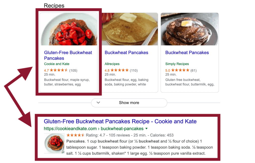 Screengrab of a recipe rich snippet for buckwheat pancakes in Google's search results.