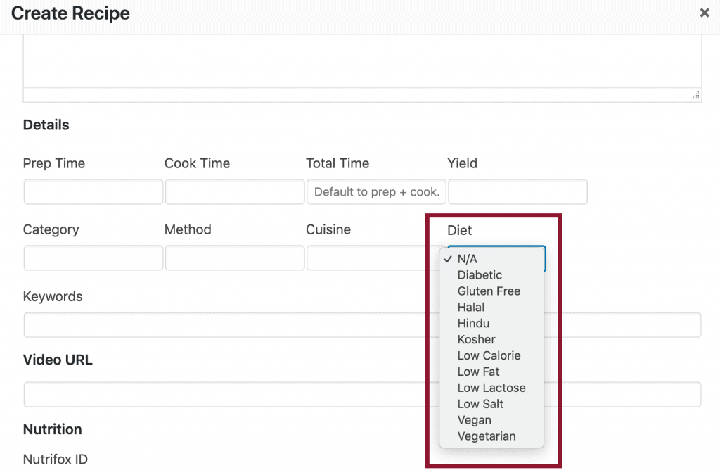 Screenshot of the inside of the Tasty Recipes recipe card plugin showing where the new diet meta data field is added.
