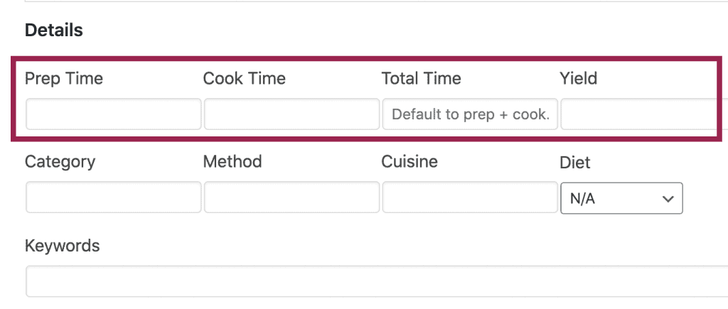Screenshot of the prep time, cook time, total time and yield fields in Tasty Recipes