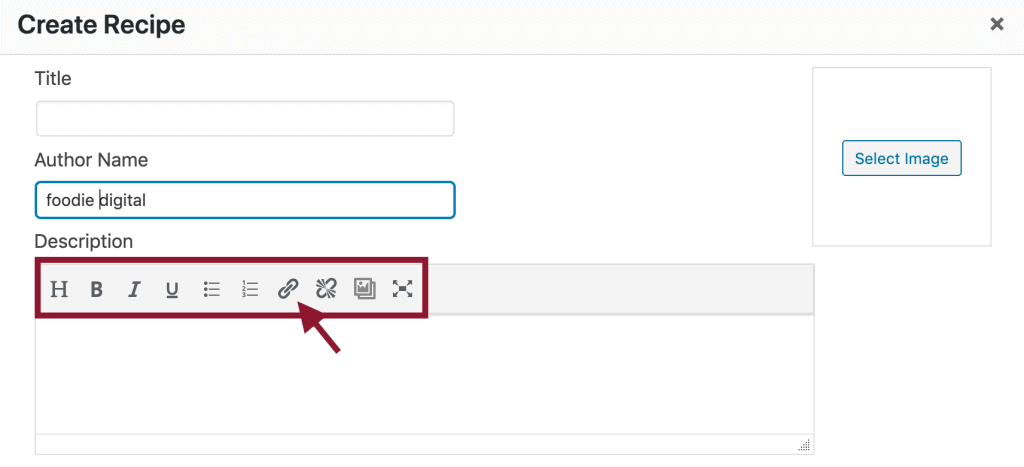 Screenshot of the Tasty Recipes recipe card plugin WYSIWYG showing where the link icon is