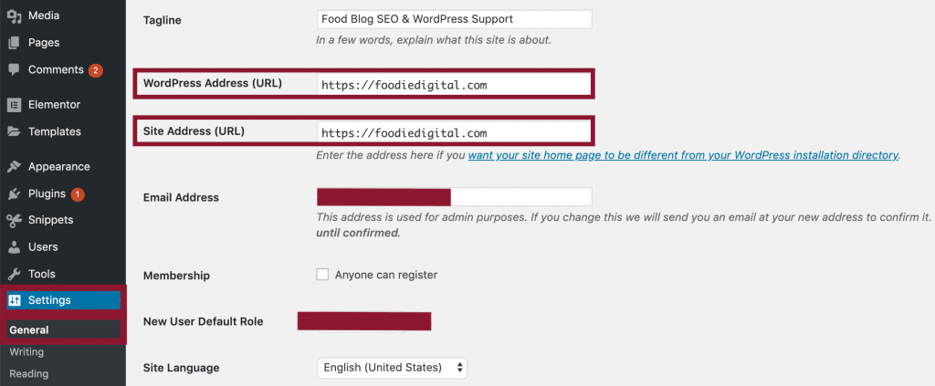 A screen capture of WordPress’ back-end demonstrating how to Settings, General. 