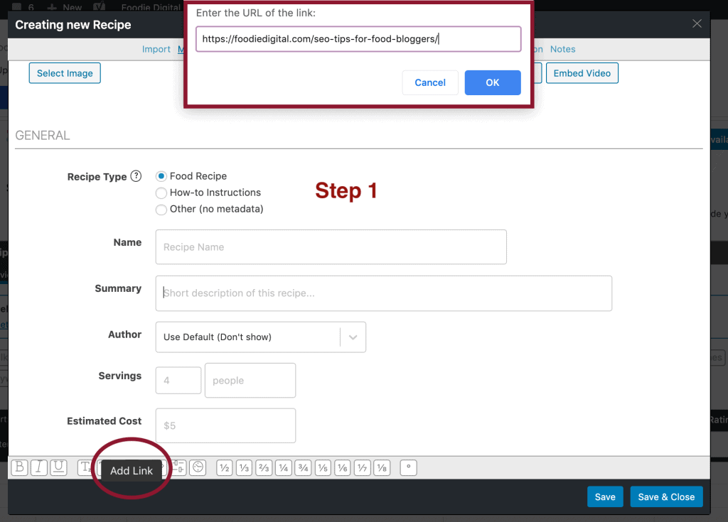 Screenshot of the inside of the WP Recipe Maker recipe card plugin, showing how to add a link in the plugin's freeform fields