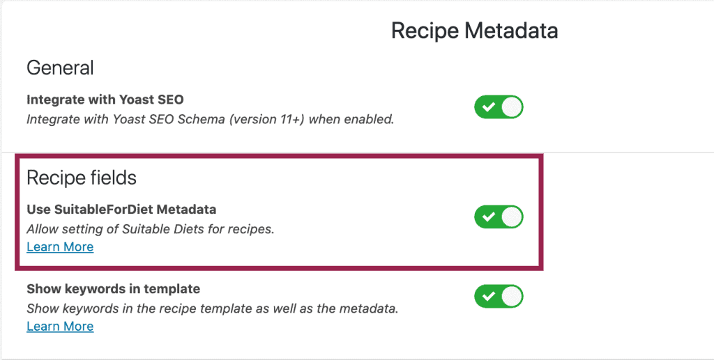 Screenshot of WP recipe maker for suitable diet meta data field in the plugin's settings